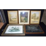 A group of framed watercolours, prints and an unusual etched glass picture of otters 31 x 45cm (5).