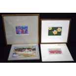 A hand coloured etching by T Bulmer together with an abstract water colour, a small oil and a print.