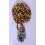 AN 18CT GOLD, DIAMOND AND AQUAMARINE NECKLACE. Pendant 1.5cm x 0.9cm, chain 50cm long, weight 5.26g
