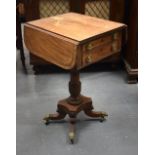 A REGENCY FOLD OVER SEWING TABLE with brass lion mask head mounts. 70 cm x 70 cm extended.