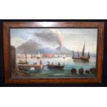 A framed 19th Century Oil on canvas of Vesuvius erupting from the Gulf of Naples 30 x 52cm.