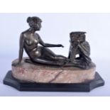 AN ART DECO BRONZE FIGURE OF A FEMALE modelled nude upon a marble base. 25 cm x 17 cm.