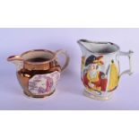TWO EARLY 19TH CENTURY ENGLISH LUSTRE JUGS Marquis Wellington & Charity. Largest 17 cm x 17 cm. (2)