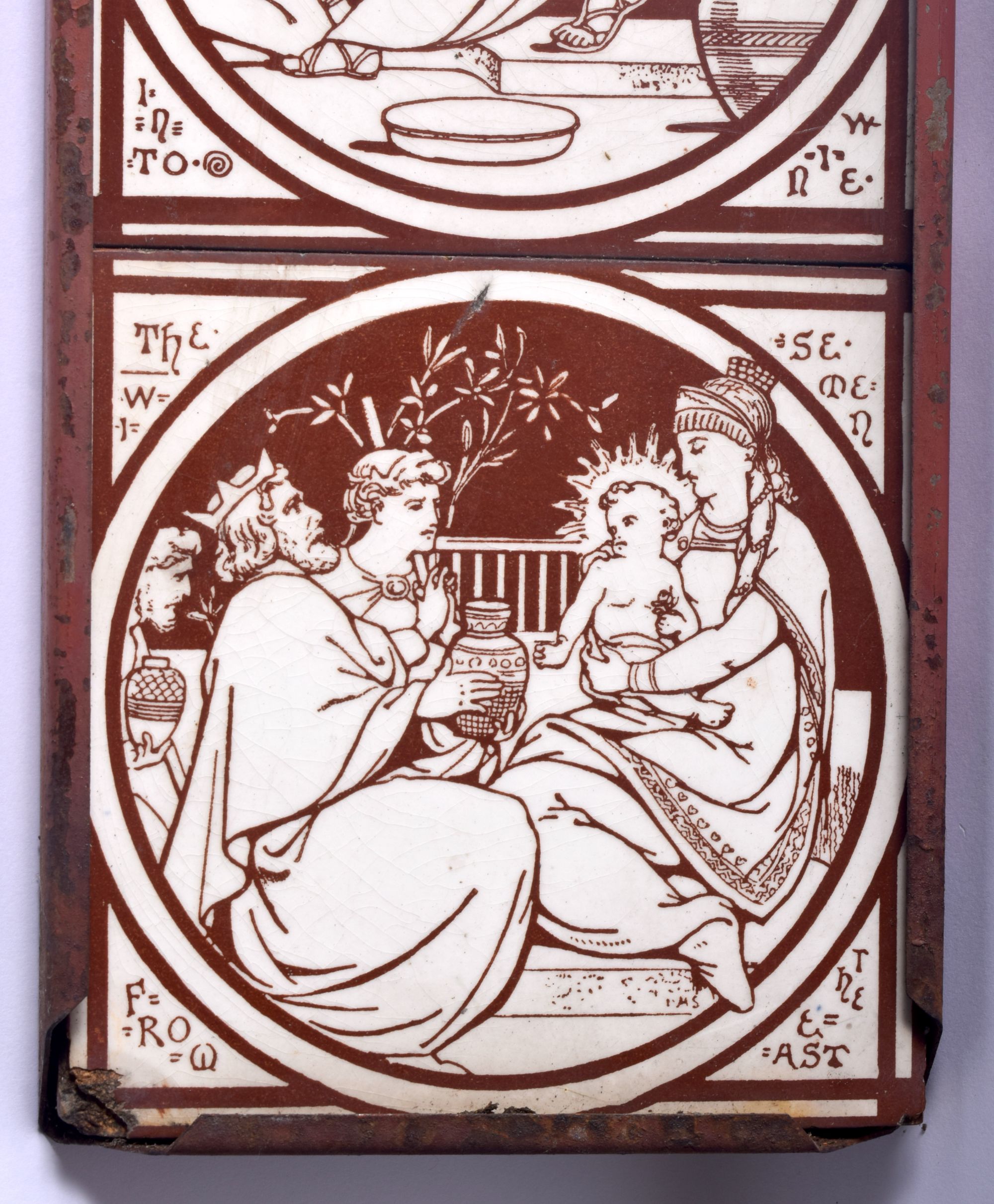 A SET OF ARTS AND CRAFTS MINTON TILES within a metal frame, decorated with figures. Each tile 15 cm - Image 4 of 6