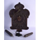 A RARE EARLY 20TH CENTURY BAVARIAN BLACK FOREST TIN FRONTED CLOCK with hanging acorn weights. Clock