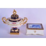 A ROYAL WORCESTER TWIN HANDLED VASE AND COVER together with a Royal doulton golfing box. Largest 17