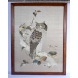 A LOVELY 19TH CENTURY CHINESE SILK WORK EMBROIDERED PANEL Qing, decorated with an owl amongst foliag