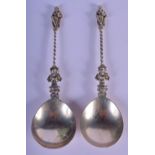 A PAIR OF VICTORIAN SILVER APOSTLE SPOONS. London 1897 & 99. 88 grams. 17 cm long.