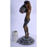 A LOVELY ART DECO COLD PAINTED BRONZE AND AGATE FIGURAL LAMP modelled as a female holding an over tu
