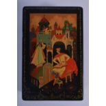 A RUSSIAN BLACK LACQUER BOX AND COVER. 15 cm x 10 cm.