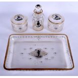 AN UNUSUAL ART DECO EUROPEAN GLASS DRESSING TABLE SET painted with figures. Largest 27 cm x 18 cm. (