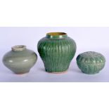 A CHINESE TANG DYNASTY GREEN RIBBED JARLET together with a similar box & cover, and a celadon Ming j