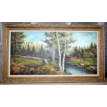 A large signed framed oil on canvas depicting a forest scene 60 x 120cm.