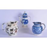 A LARGE 19TH CENTURY ENGLISH PEARLWARE BLUE AND WHITE COFFEE POT AND COVER together with two large S