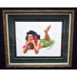 A framed watercolour by Garry Palm of a Hawaiian girl 42 x 55cm