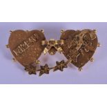 A 9CT GOLD "MIZPAH" BROOCH WITH TWO HEARTS JOINED WITH A LOVE KNOT. 4cm x 2cm, weight 3g