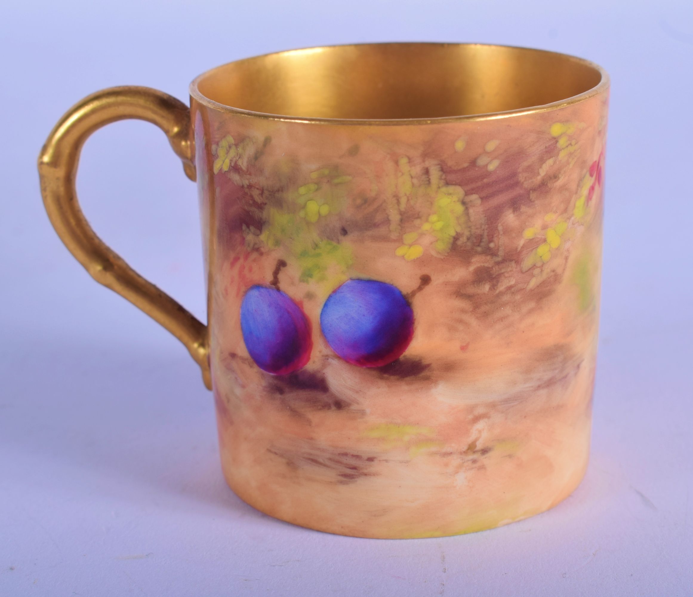 Royal Worcester coffee can and saucer painted with fruit by Moseley and Hale, date code 1928. Cup 5 - Image 2 of 3