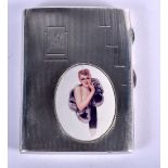 AN ENGINE TURNED SILVER AND ENAMEL CIGARETTE CASE WITH A SCANTILY CLAD LADY. Marked Birmingham 1935