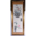 Chinese School (20th Century) Ink, Watercolour, Censer and flowers. Image 94 cm x 30 cm.