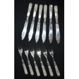 A collection of Mother of Pearl handled silver plated forks & fish knives. 20cm (12)