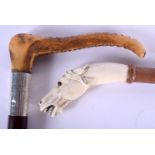 A 19TH CENTURY EUROPEAN IVORY HANDLED HORSE HEAD RIDING CROP together with a 1940s silver mounted cr