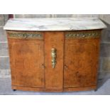 A marble topped two door walnut cabinet with gilt bronze mounts and decoration 91 x 120 x 52cm