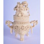 AN EARLY 20TH CENTURY CHINESE TWIN HANDLED IVORY CENSER AND COVER C1910 decorated with dragons in va