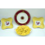 A gilded Wedgwood plate together with a Coalport dish and two other dishes largest 27cm (4)
