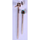 TWO HORSESHOE STICK PINS, 1 SET WITH DIAMONDS AND TURQUOISE AND THE OTHER WITH GEM INSERTS AND A HAM