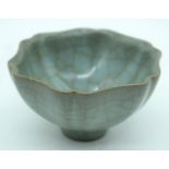 A small Chinese porcelain Celadon crackle glazed scalloped bowl 6 x 10 cm.