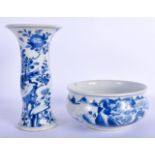 A 17TH/18TH CENTURY CHINESE BLUE AND WHITE GU FORM BEAKER VASE Kangxi/Yongzheng, together with a sma
