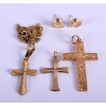 ASSORTED ANTIQUE 9CT GOLD, INCL 3 Crucifix, a pair of acorn earrings and a chain 48cm long. Hallmar