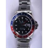 A ROLEX GMT-MASTER PEPSI DIAL STAINLESS STEEL WRISTWATCH with tag. 122 grams. 4.5 cm inc crown.
