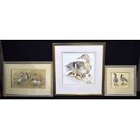 A framed watercolour of ducks by J Gethins together with two framed prints by J Cox. 30 x 30cm.