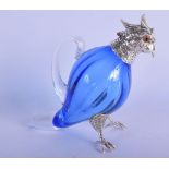 A CONTEMPORARY BLUE GLASS SILVER PLATED BIRD DECANTER. 16 cm high.