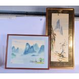 TWO CHINESE WATERCOLOURS 20th Century. Largest image 68 cm x 24 cm. (2)