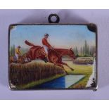 A VICTORIAN SILVER AND ENAMEL VESTA WITH HORSE RACING SCENE. Hallmark Birmingham 1900, 4.5cm x 4cm,