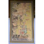 A CHINESE INK WATERCOLOUR LANDSCAPE 20th Century, depicting figures within landscapes. 128 cm x 66 c