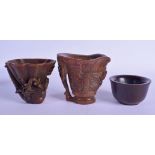 TWO CHINESE HORN TYPE LIBATION CUPS 20th Century, together with a similar bowl. Largest 12 cm x 12 c