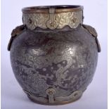 AN EARLY 20TH CENTURY CHINESE PEWTER INLAID BRASS CENSER decorated with dragons. 9 cm x 8 cm.