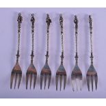 SIX ANTIQUE SILVER APOSTLE PICKLE FORKS. 80 grams. 12 cm long. (6)