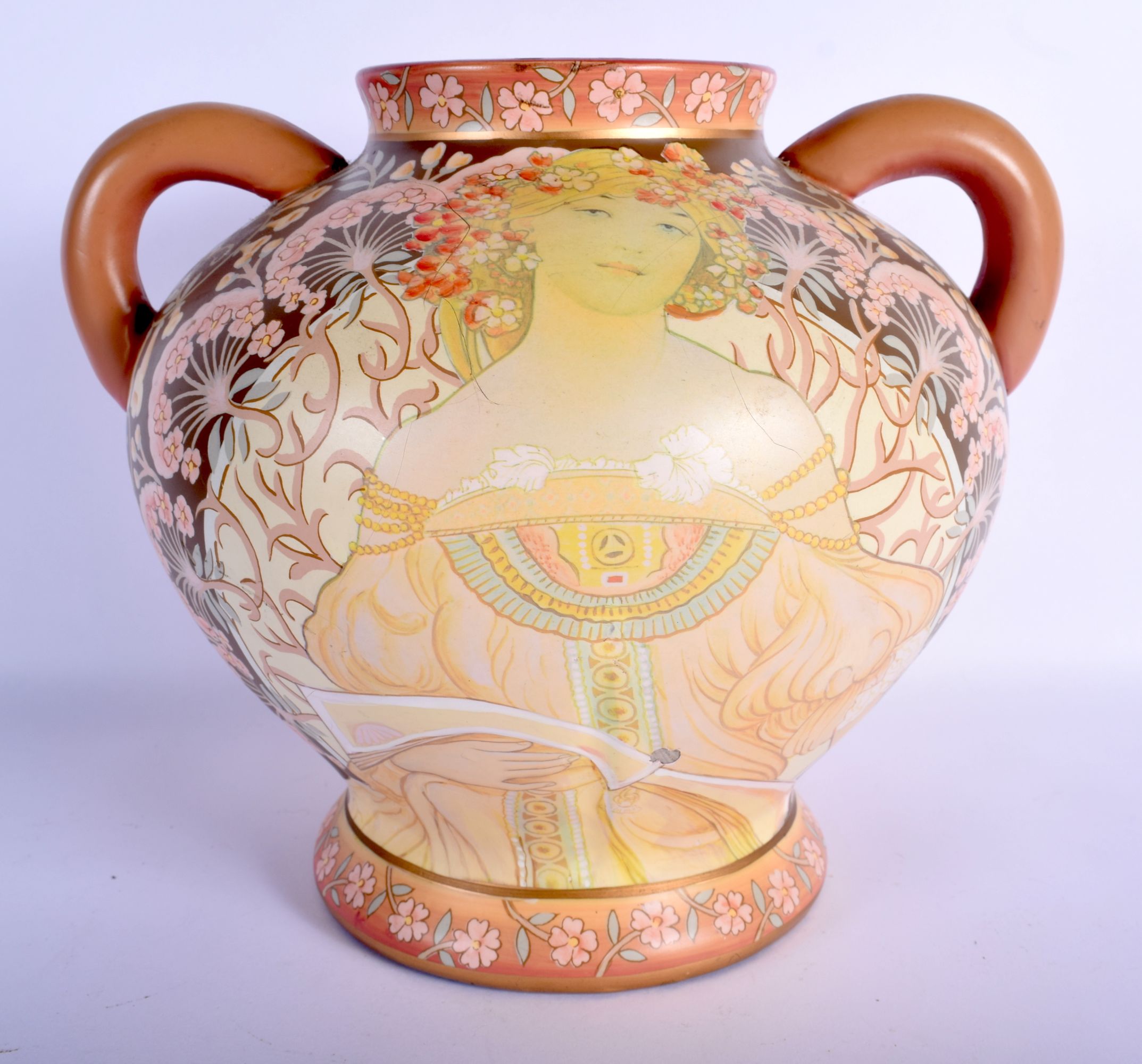 AN UNUSUAL TWIN HANDLED ART NOUVEAU ENAMELLED OPALINE GLASS VASE decorated with a classical maiden.