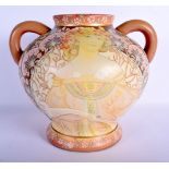 AN UNUSUAL TWIN HANDLED ART NOUVEAU ENAMELLED OPALINE GLASS VASE decorated with a classical maiden.