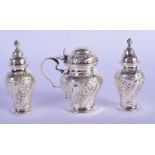 A VICTORIAN 3 PIECE SILVER CONDIMENT SET COMPRISING SALT, PETTER AND MUSTARD POT. Hallmark London 1