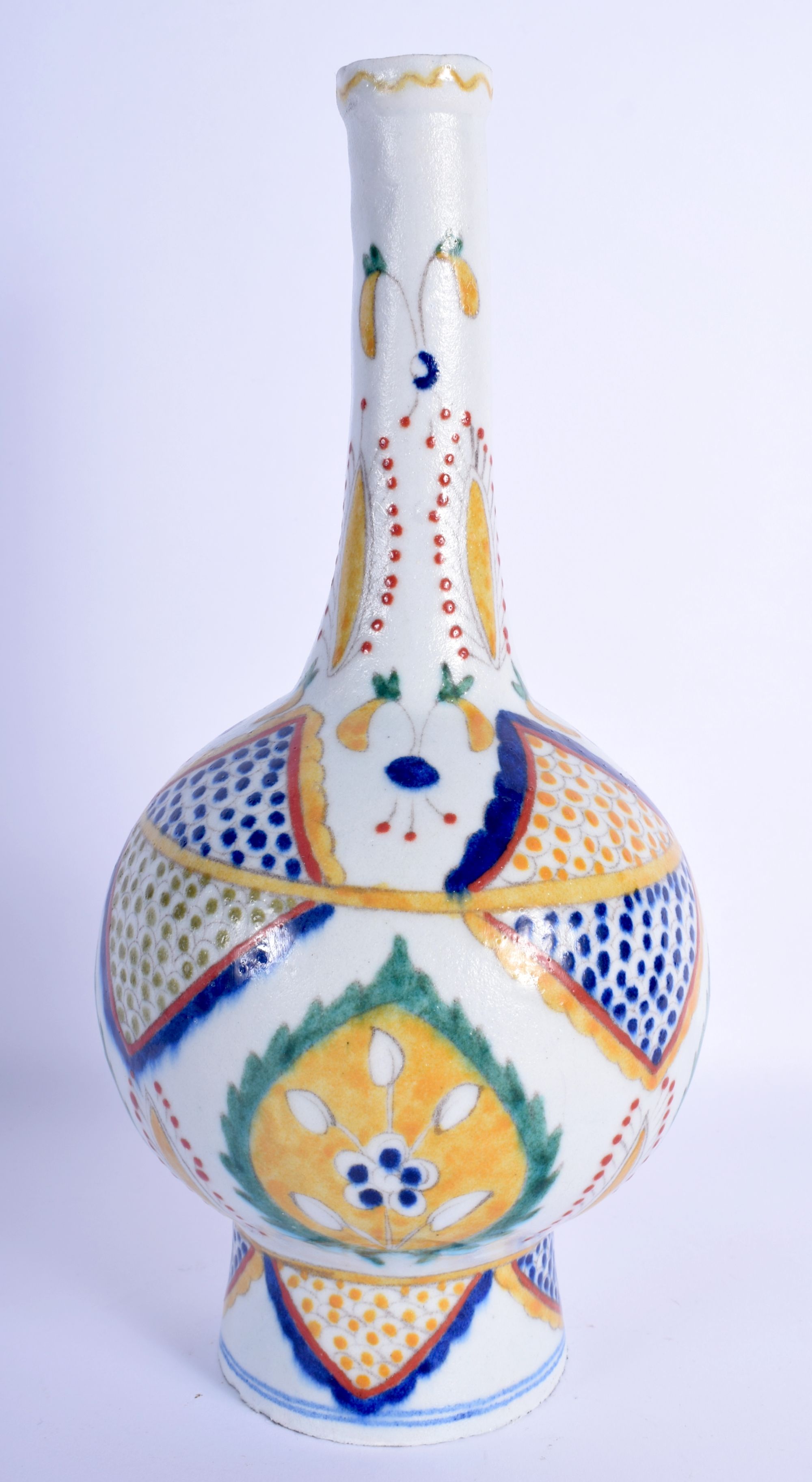 A TURKISH OTTOMAN KUTAHYA FAIENCE TYPE BOTTLE NECK VASE painted with flowers and motifs. 28 cm high.