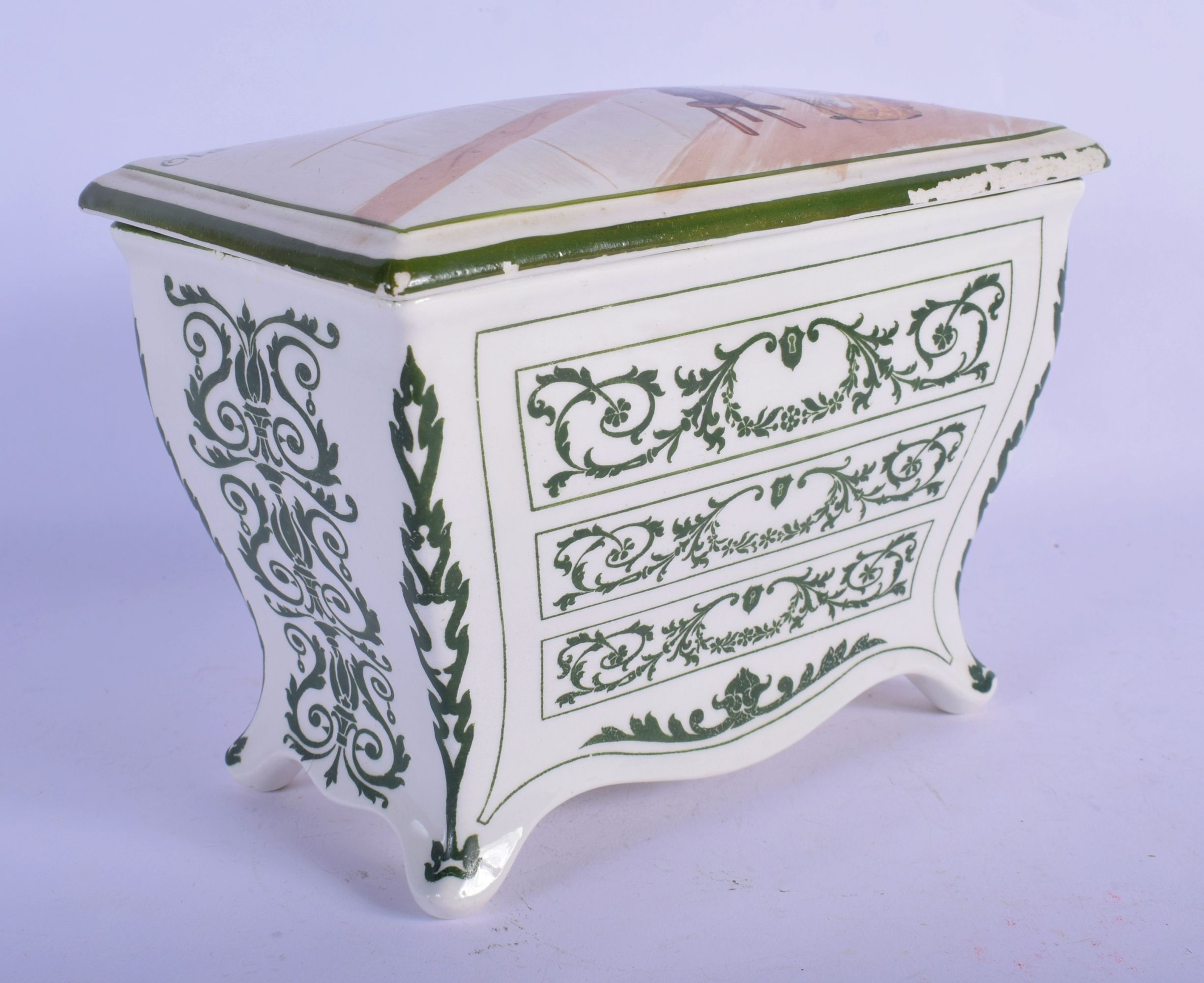 A ROYAL DOULTON HUNTLEY & PALMERS CHEST OF DRAWERS BOX AND COVER Old Mother Hubbard. 18 cm x 13 cm.