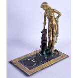 A CONTEMPORARY COLD PAINTED BRONZE FIGURE OF A FEMALE modelled beside a leaopard. 17 cm x 15 cm.