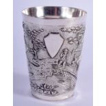 A 19TH CENTURY INDOCHINESE SILVER BEAKER decorated with landscapes. 69 grams. 7 cm x 5 cm.