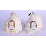A PAIR OF 19TH CENTURY EUROPEAN CARVED CAMEO SHELLS decorated with portraits. 14 cm x 13 cm.