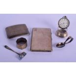 AN ART DECO SILVER CIGARETTE CASE together with other silver items. Weighable silver 380 grams, watc